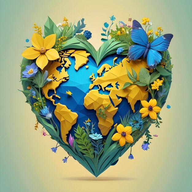 Save planet earth in the middle of a heart with greenery flowers and butterflies