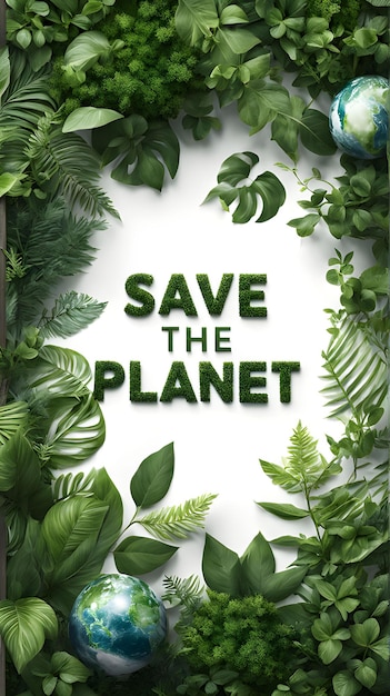 SAVE THE PLANET Text in the Middle of a White Background Surrounded by Greenery