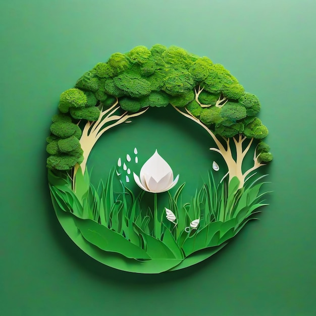 Save water concept Paper cut of eco on green grass