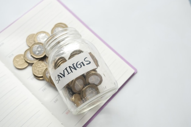 Saving coins jar and calculator on table