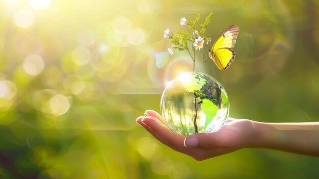 Saving environment Earth crystal glass globe and growing tree in human hand generative ai