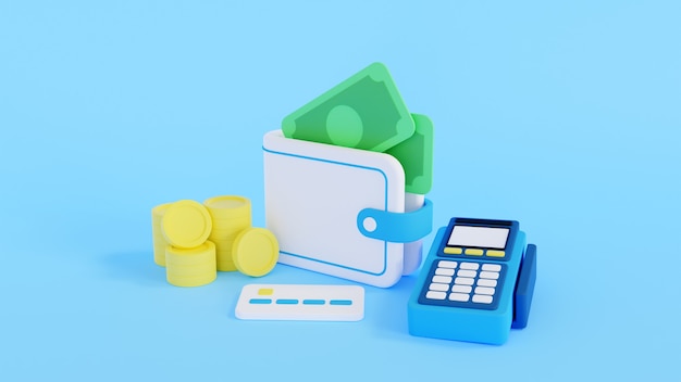 Saving money concept. finance management. wallet, moneys, coins, credit card or debit card 3d illustration