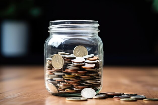 Saving money in a glass jar on a table to reduce expenses