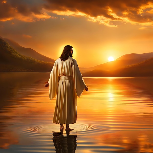 Saviors Transcendence Radiant Skies Frame Christ Walking on Still Waters