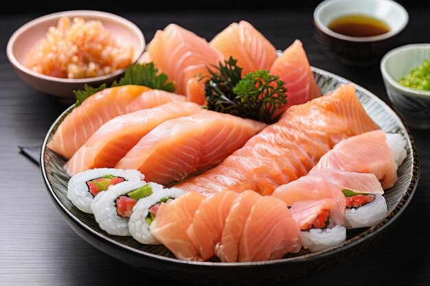 Savor the artistry of Japanese cuisine with a delectable plate set featuring fresh salmon sashimi