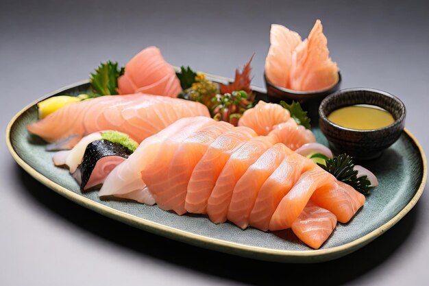 Savor the artistry of Japanese cuisine with a delectable plate set featuring fresh salmon sashimi