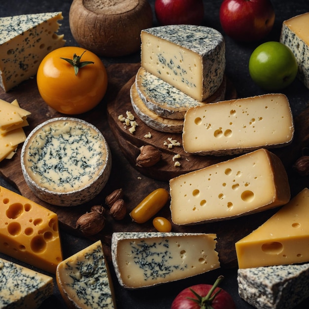 Photo savor the craft of cheese making with a beautifully arranged cheese board featuring a range of textures and rich flavors for any occasion