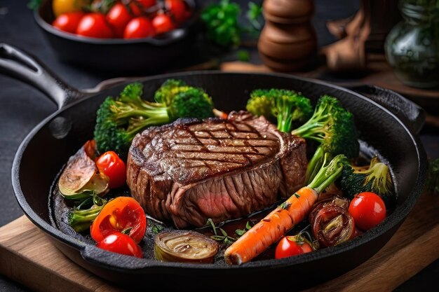 Savor the Flavor food concept with a succulent grilled beef steak and vibrant vegetables