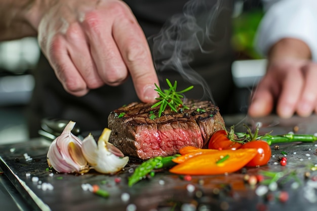 Photo savor a gourmet steak expertly prepared by a talented chef paired with fresh and vibrant vegetables and herbs