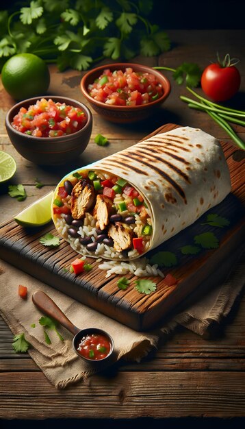 Savor a hearty chicken and rice burrito served with fresh cilantro and spicy salsa