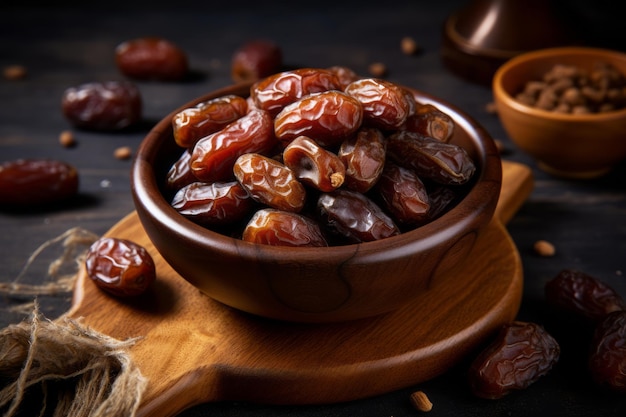 Savor the Sweetness Captivating View of Dried Date Fruit in Wooden Bowl