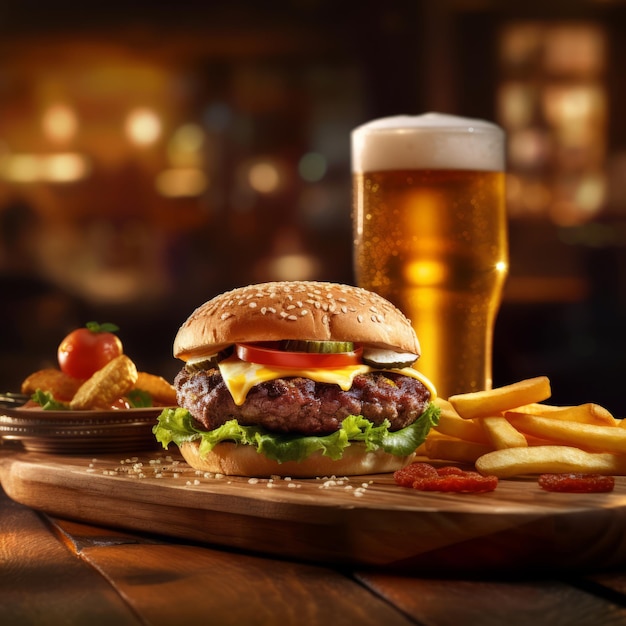 Savor the Ultimate Bar Meal with a Juicy Burger Crispy Fries and a Refreshing Glass of Beer on a Rustic Wooden Plate Perfect for Night Out with Friends Generative AI