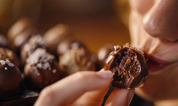 Photo savoring a bite of gourmet chocolate