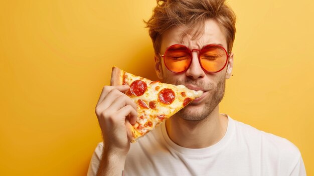 Photo savoring delicious pepperoni pizza