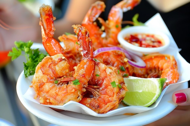 Savoring Every Bite Woman Relishing Fried Shrimps with Delectable Sauce