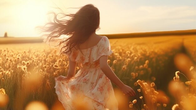 Savoring Summers Embrace A Young Woman in a Dress Roaming a Sunset Meadow Hand in Wheat Basking in Countryside BeautyxA