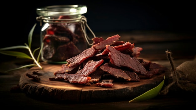 Savory beef jerky thinly sliced and dried to perfection boasting a smoky aroma and tender texture