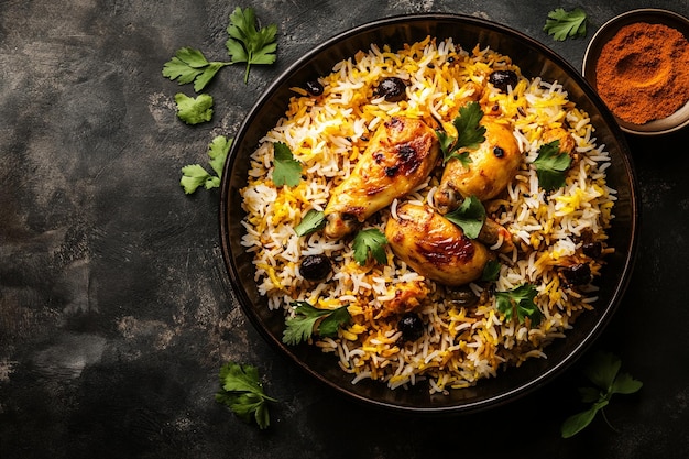 Photo savory biryani with succulent chicken on rustic tabledelectable indian cuisine