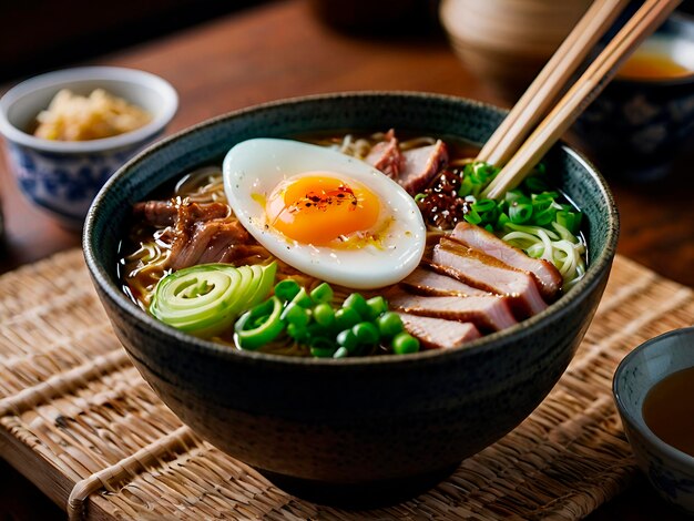 A savory bowl of ramen topped with slices of streaky pork and a softboiled egg