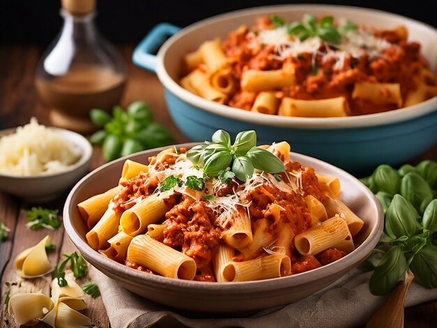 A savory bowl of rigatoni pasta bolognese sauce topped with a blend of cheeses and fresh herbs