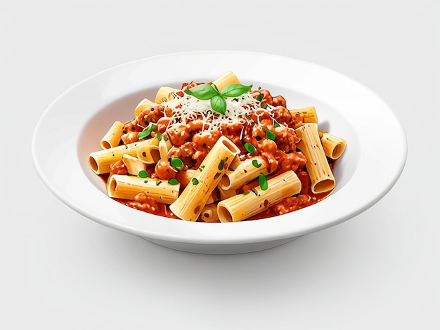 Photo a savory bowl of rigatoni pasta bolognese sauce topped with a blend of cheeses and fresh herbs