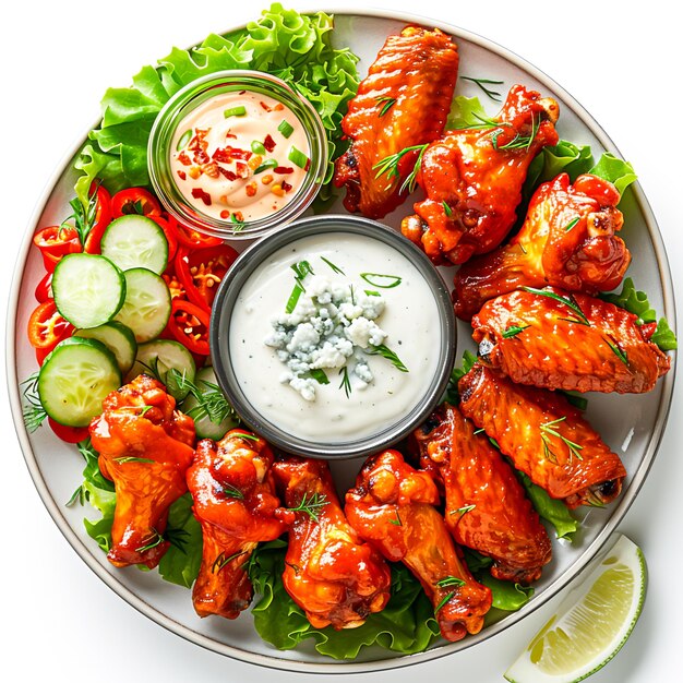 Photo savory buffalo wings with creamy blue cheese dressing on white plate delicious spicy chicken