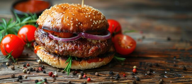 Savory burger on wooden table