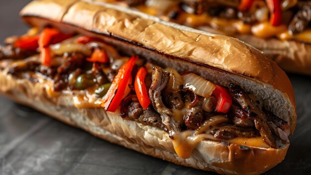 Savory Cheesesteak Delight with Colorful Peppers Onions Concept Cheesesteaks Food Photography Colorful Ingredients Savory Dishes Recipe Inspiration