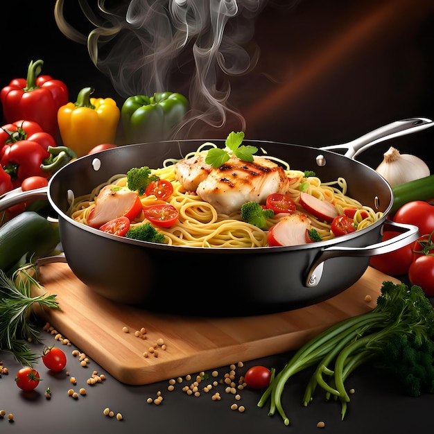 Savory Chicken Vegetable Spaghetti Twirling Majestically in a Pan Over Sumptuous Black Canvas