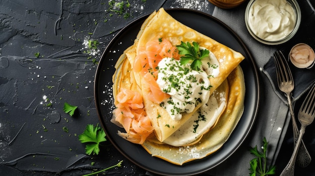 Savory Crepes with Smoked Salmon and Herbs on Wooden Table