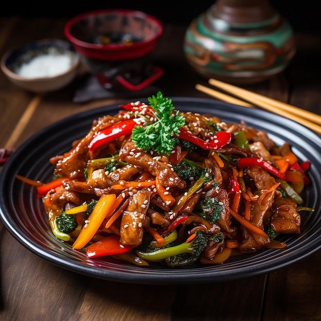 Savory Delicacy StirFried Pork and Vegetables on a Plate with Chopsticks