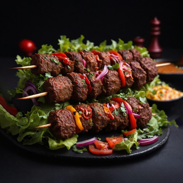 The savory delicious kebab stick cubes of meat kofta served with healthy salad on a black plate