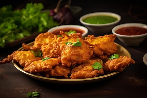 Savory Delight Bread Pakora with Green Chutney and Tomato Ketchup Captured in Stunning 32 Focus