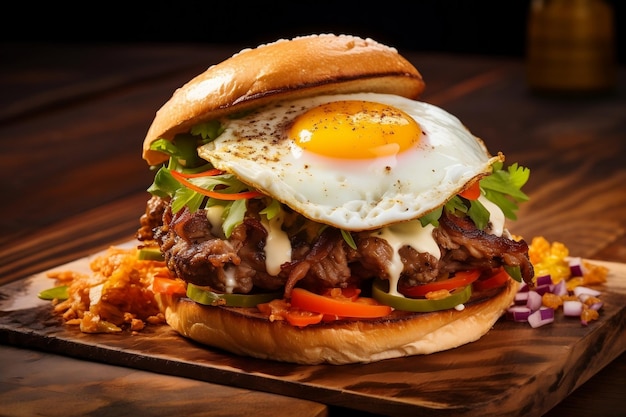 Savory Delight Burger with Pulled Pork Fried Egg and Vegetables Generative AI