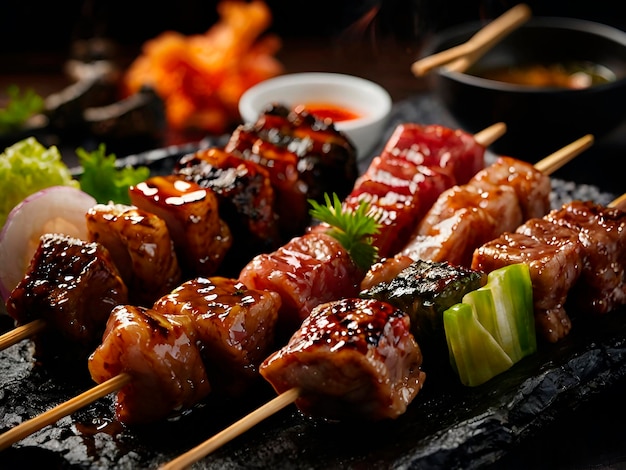 Savory delights of Japanese yakitori and yakiniku focusing on different cuts and marinades