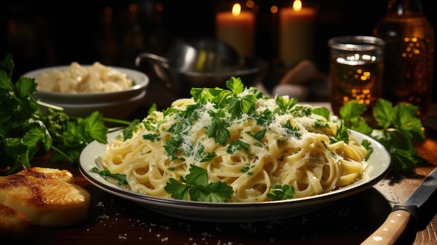 Savory Fettuccine Alfredo served with a sprinkle of fresh parsley and Parmesan Generative AI