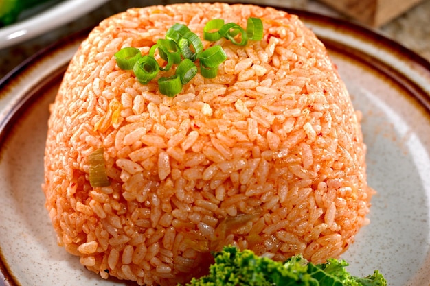 Savory Fusion CloseUp of Kimchi Fried Rice a Delectable Blend of Flavors in 4K Resolution