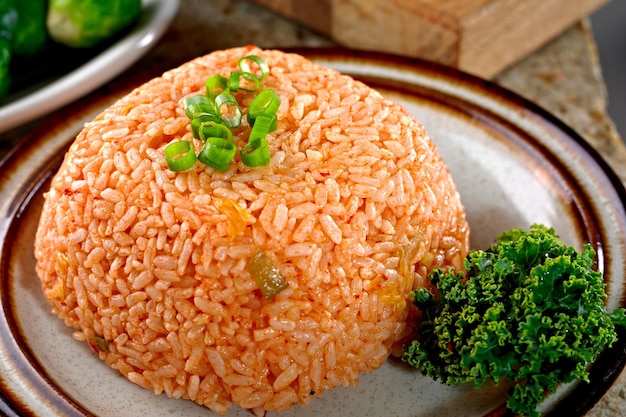 Savory Fusion CloseUp of Kimchi Fried Rice a Delectable Blend of Flavors in 4K Resolution