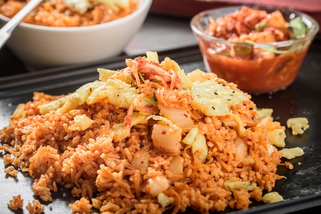 Savory Fusion CloseUp of Kimchi Fried Rice a Delectable Blend of Flavors in 4K Resolution