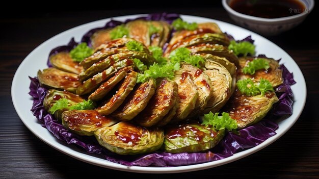 Savory Grilled Eggplant Slices Drizzled with Rich Soy Glaze and Fresh Cilantro on a Lavender Plate