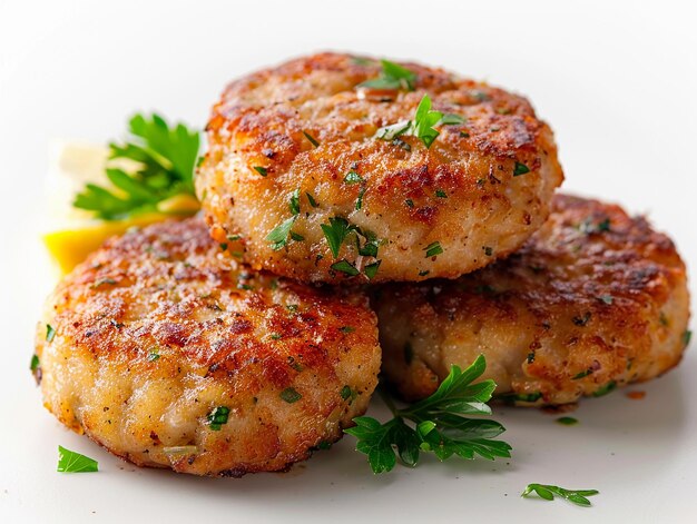 Photo savory homemade fish cakes garnished with fresh parsley and lemon wedges on a white plate