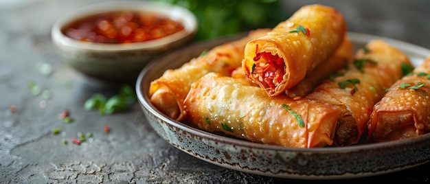 Savory Lumpia with Tangy Dip on Minimalist White Concept Food Styling Filipino Cuisine Appetizer Presentation Food Photography Culinary Art