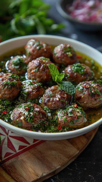 Savory meatballs in a herbed broth A traditional plate of savory meatballs immersed in a herbed broth garnished with mint