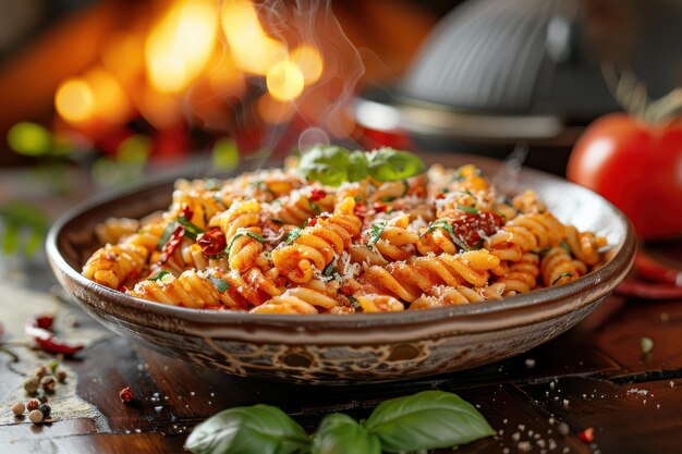 Photo savory pasta dish with basil and spicy ingredients