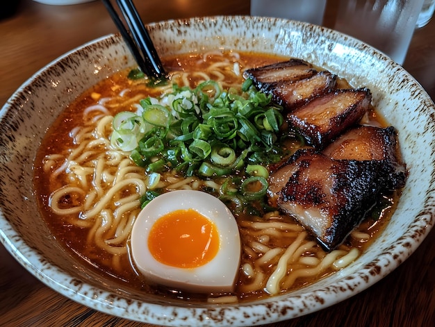 Photo savory ramen bowl with tender pork belly miso broth softboiled egg and green onions perfect for authentic japanese cuisine and comfort food lovers