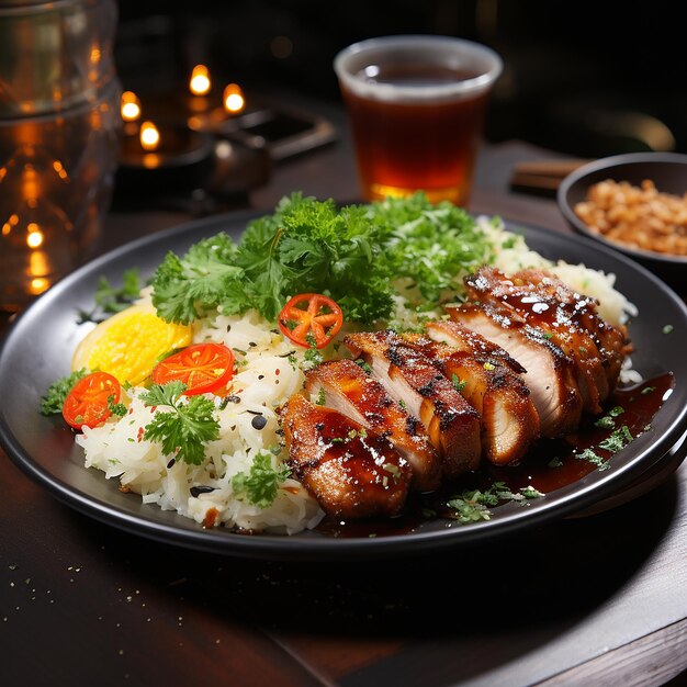 Photo savory roast chicken and steak with rice