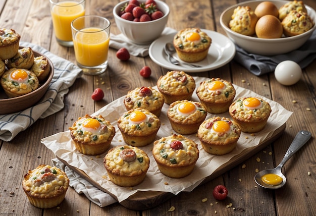 Photo savory sausage and egg breakfast muffins with fresh fruit