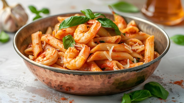 Savory Shrimp Pasta in Red Sauce Served in a Stylish Oval Copper Bowl