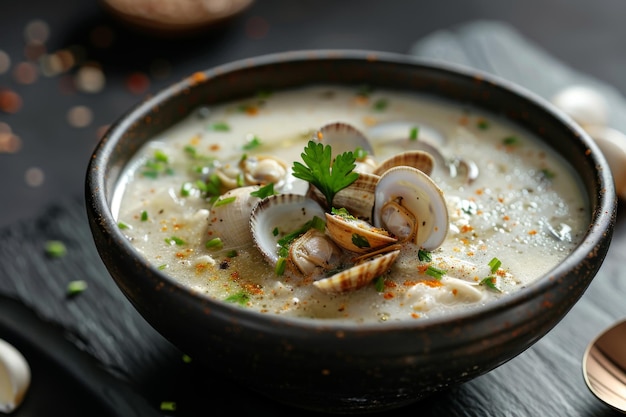 Photo savory warm bowl of seafood soup with clams and lemon