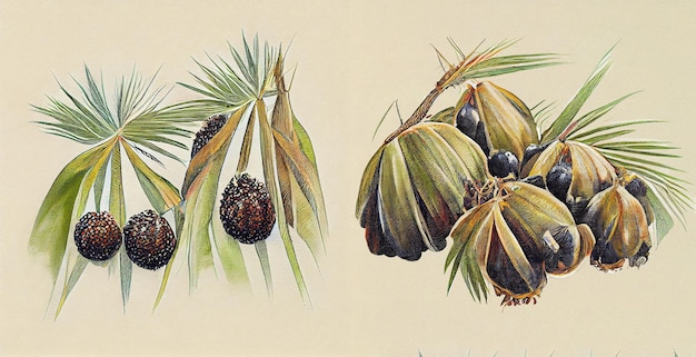 Saw palmetto (Serenoa repens). Botanical illustration on white paper. The best medicinal plants.